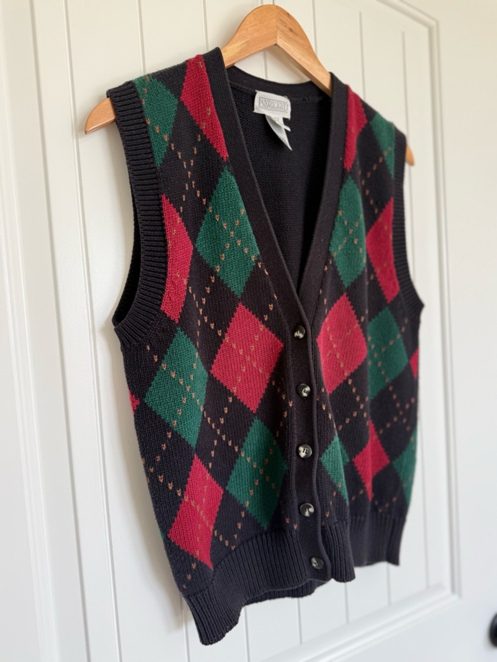 Vintage Lands End Argyle Sweater Vest Button Front Knit Black Red Green Large - Picture 3 of 7